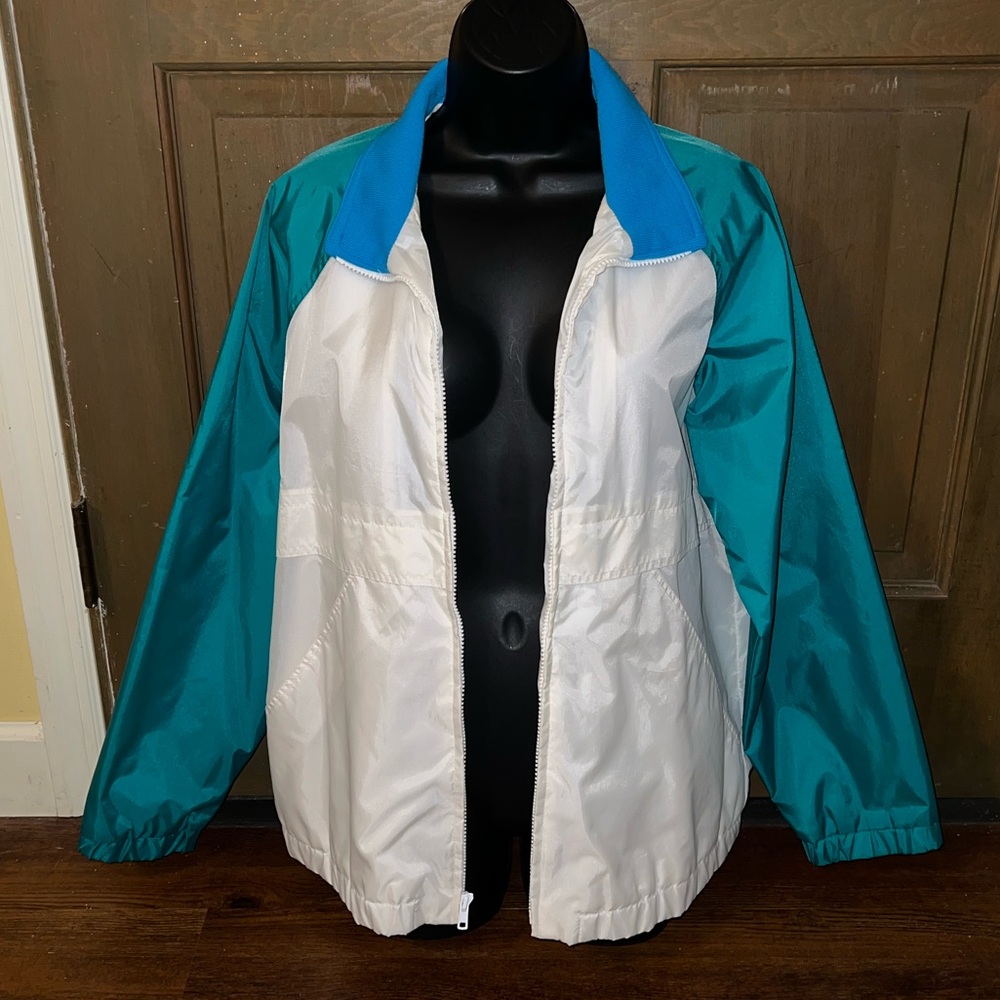 Vintage 90s White Retro Colorblock Blue Windbreaker Bomber Zip Up Jacket Size M - Picture 4 of 14